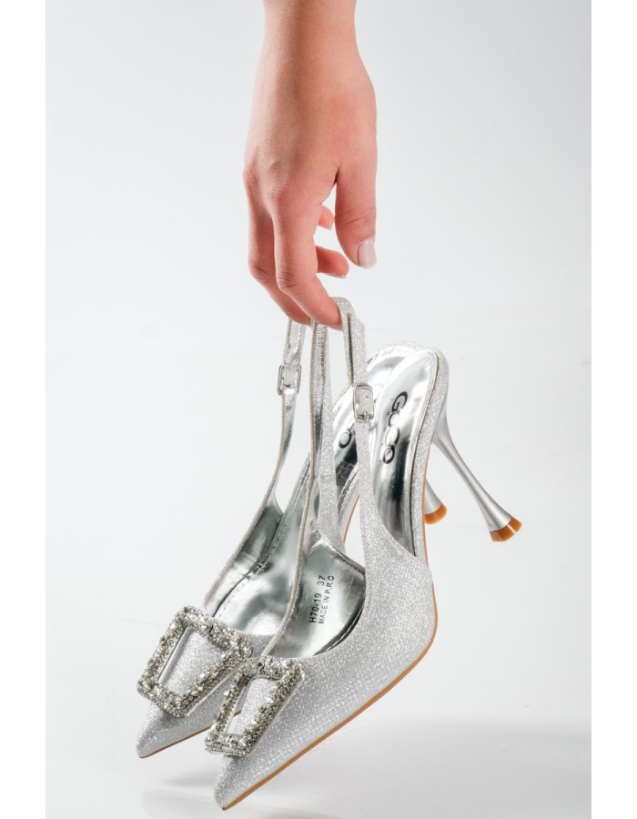 Slingback μυτερές γόβες με glitter και τετράγωνη αγκράφα ΑΣΗΜΙ
