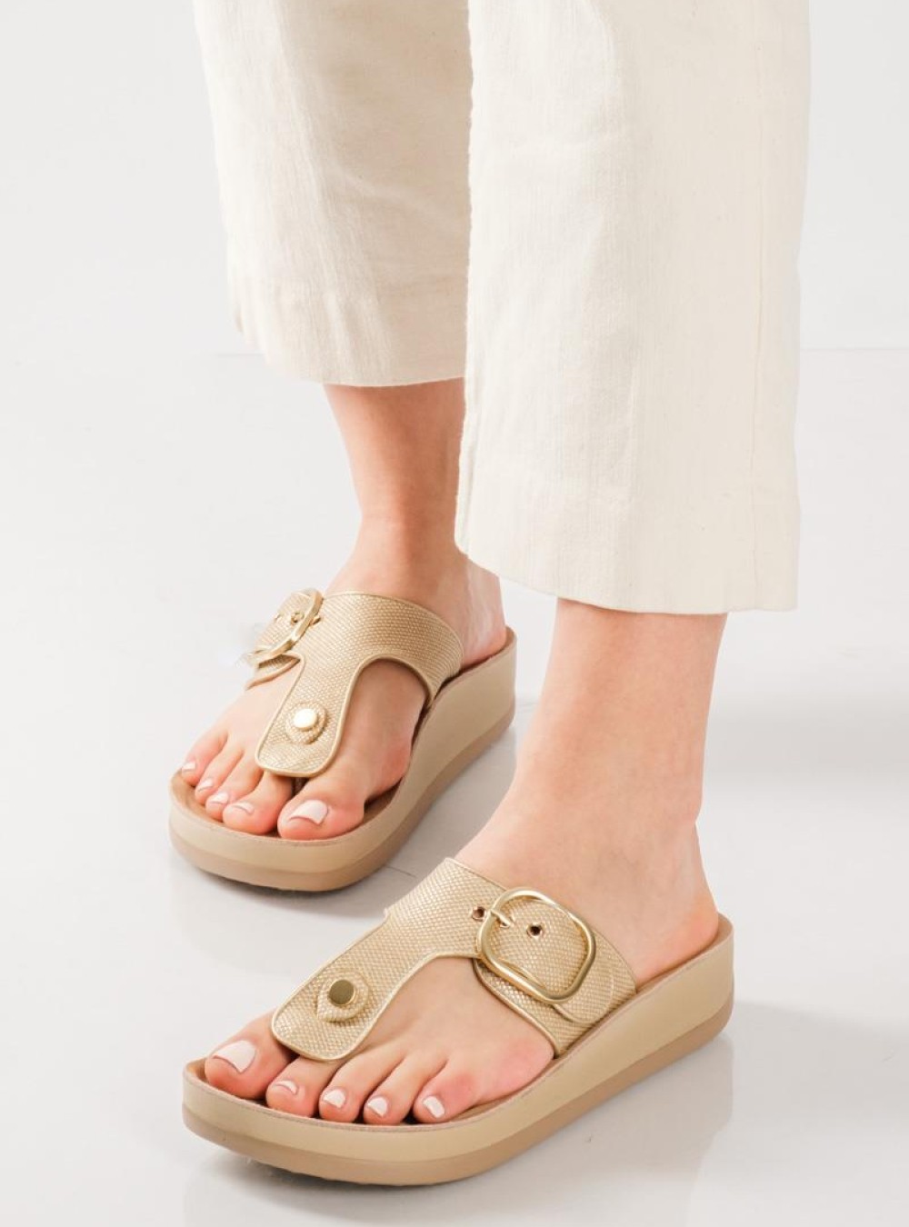 PAREX Γυναικεία flatforms με T-bar ΧΡΥΣΟ PAREX Γυναικεία flatforms με T-bar ΧΡΥΣΟ