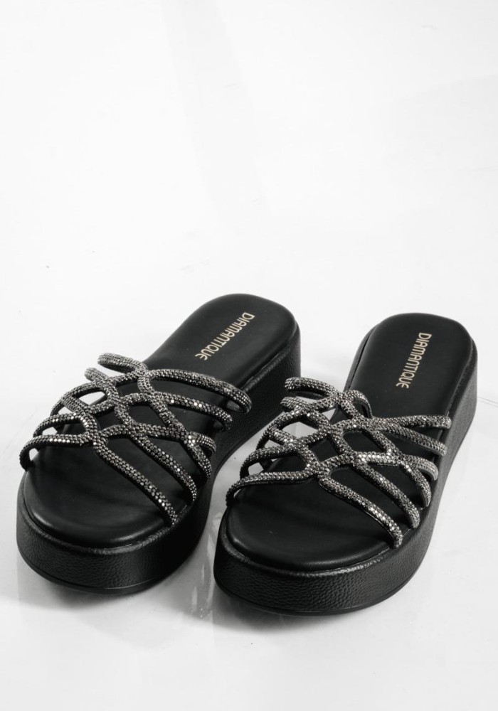 Flatforms με φάσα με λουράκια με στρας ΜΑΥΡΟ