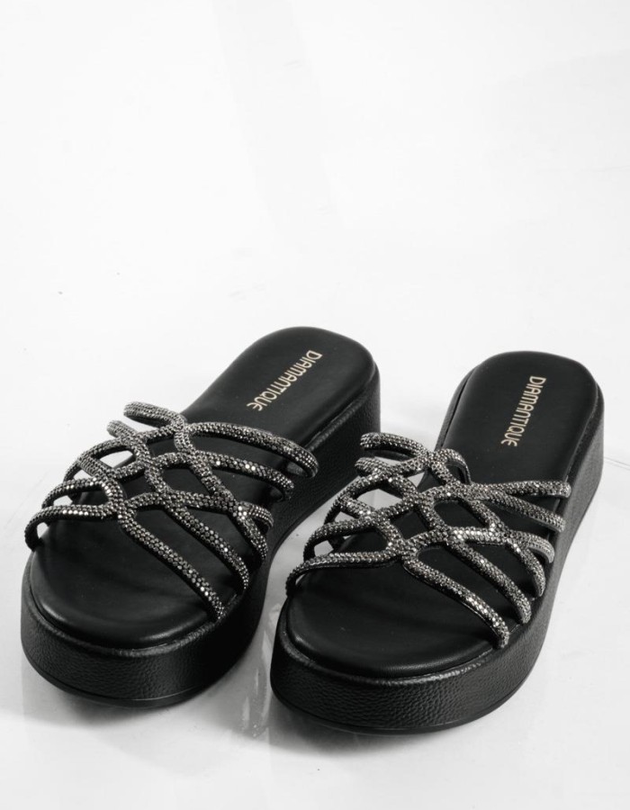 Flatforms με φάσα με λουράκια με στρας ΜΑΥΡΟ