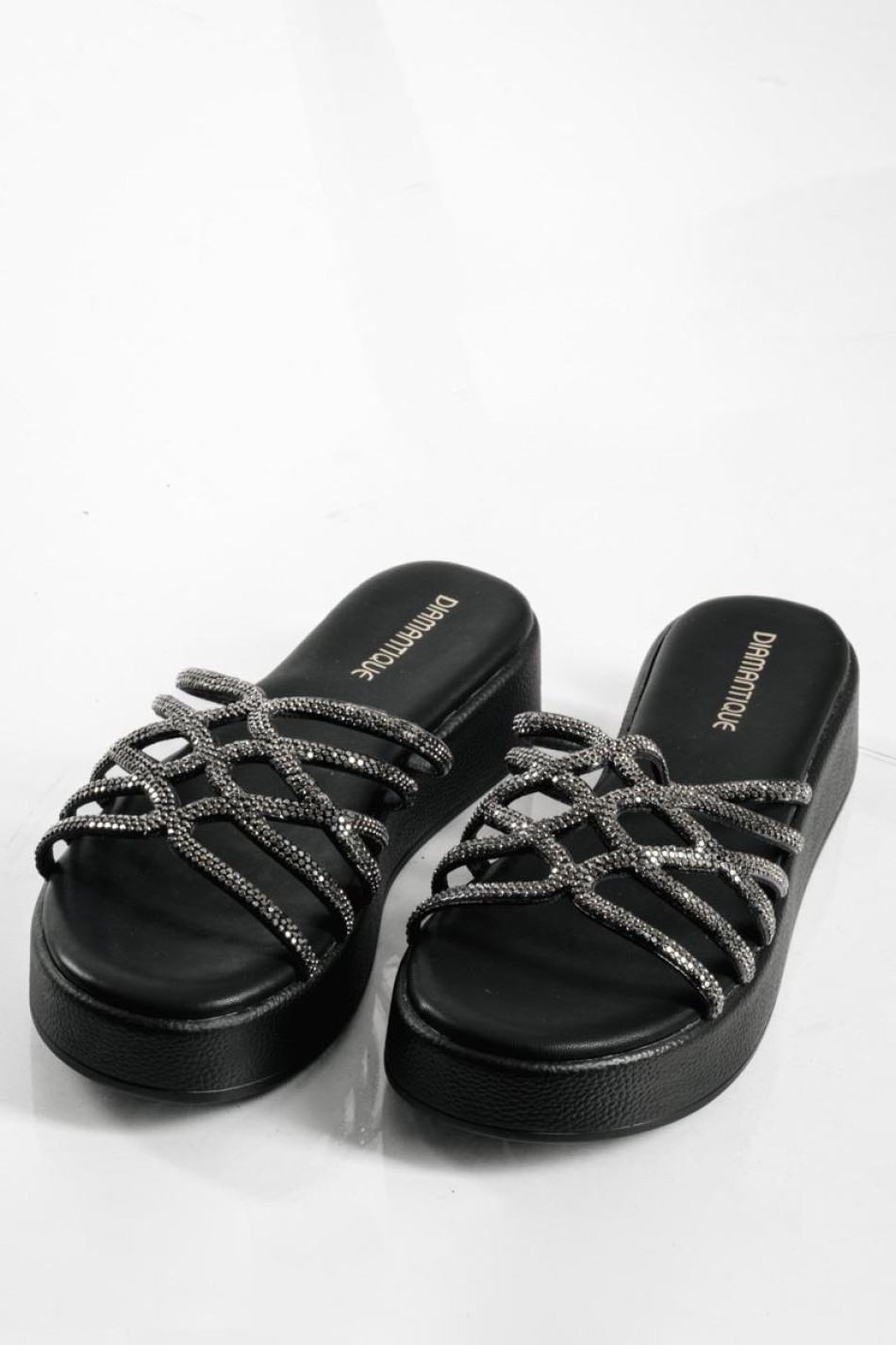 Flatforms με φάσα με λουράκια με στρας ΜΑΥΡΟ