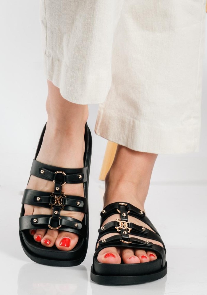 Flatforms με ιδιαίτερη φάσα με τριπλά λουράκια ΜΑΥΡΟ