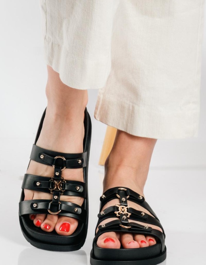 Flatforms με ιδιαίτερη φάσα με τριπλά λουράκια ΜΑΥΡΟ