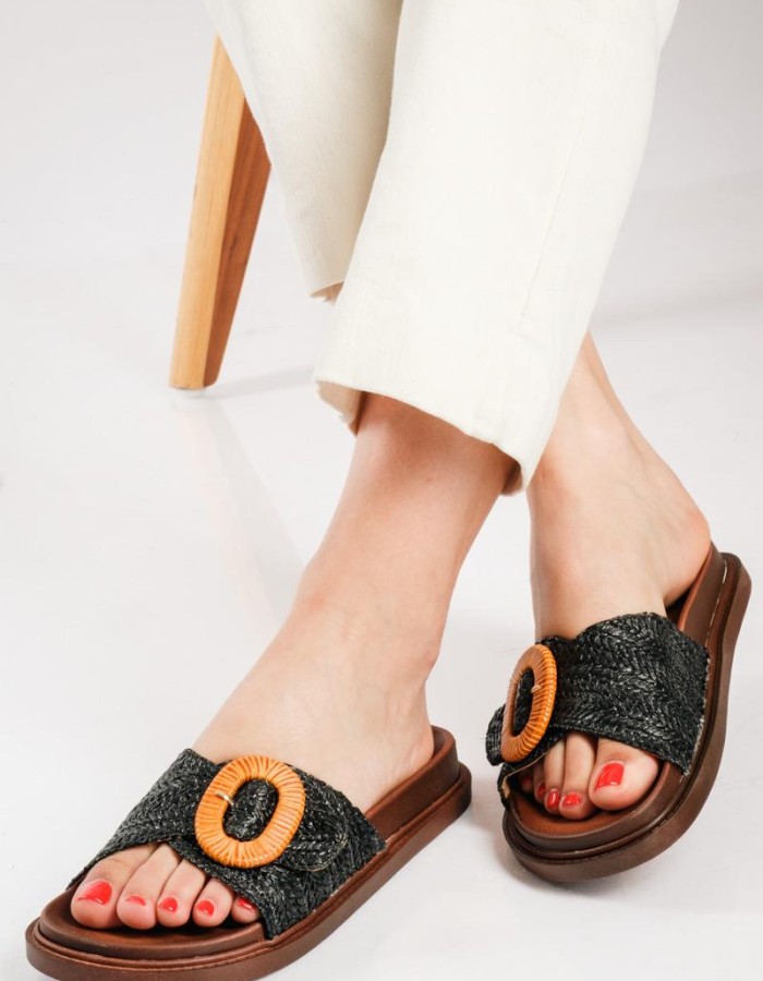 Flatforms με ψάθινη φάσα και αγκράφα ΜΑΥΡΟ