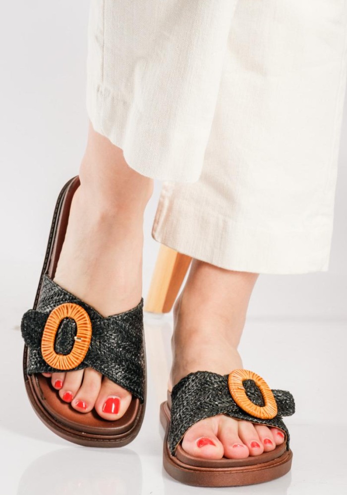 Flatforms με ψάθινη φάσα και αγκράφα ΜΑΥΡΟ
