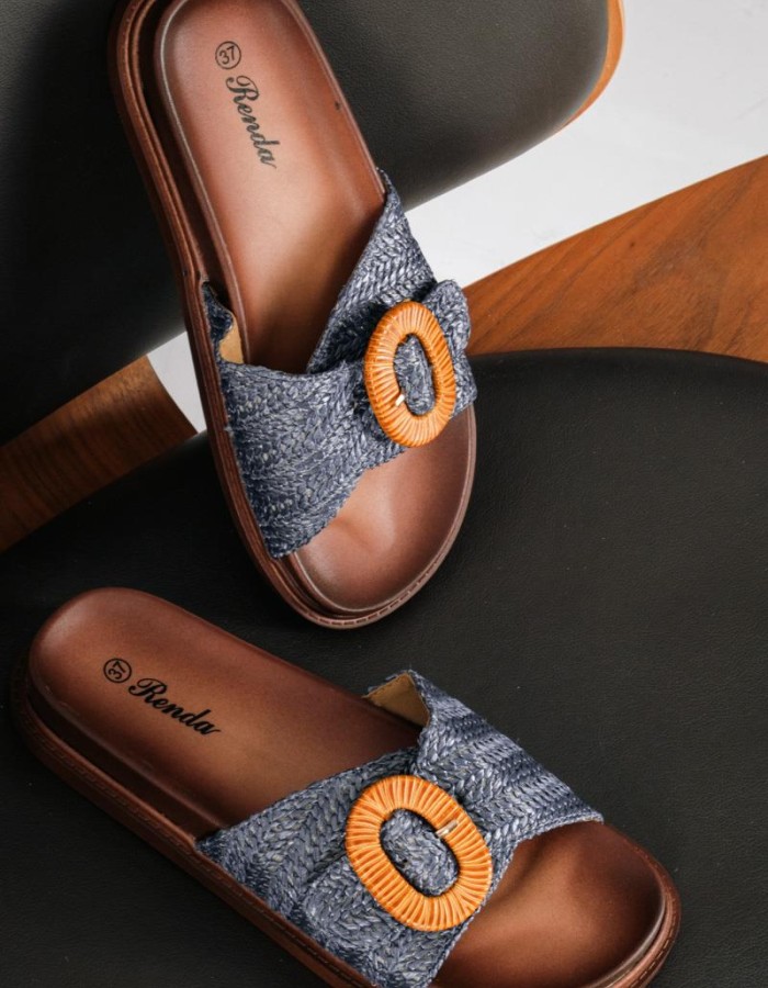 Flatforms με ψάθινη φάσα και αγκράφα ΜΠΛΕ