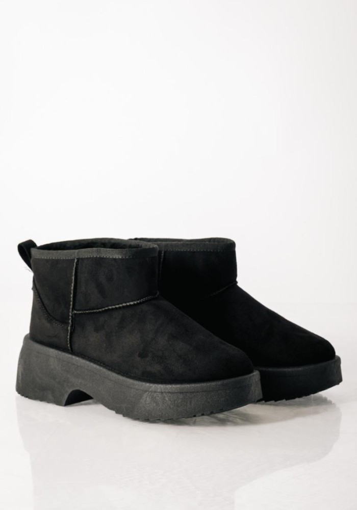 Γυναικεία μποτάκια suede με γούνα και chunky σόλα ΜΑΥΡΟ
