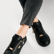 Flat sneakers τύπου tennis με κροκό υφή ΜΑΥΡΟ Flat sneakers τύπου tennis με κροκό υφή ΜΑΥΡΟ