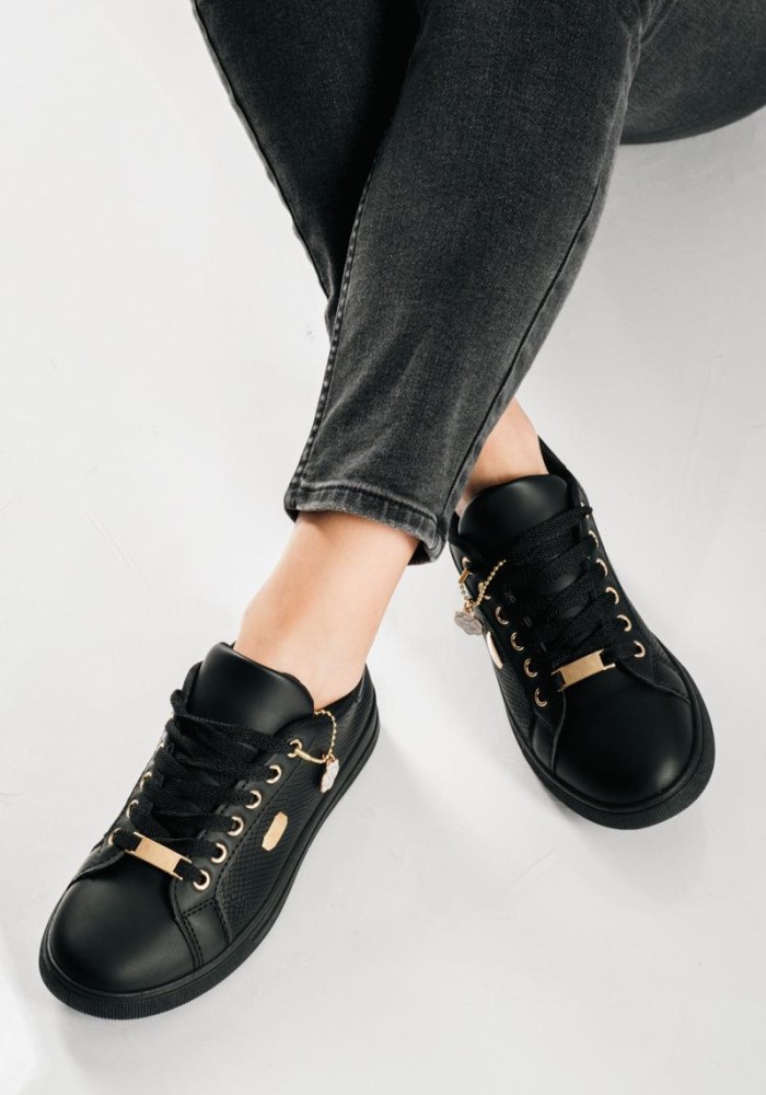 Flat sneakers τύπου tennis με κροκό υφή ΜΑΥΡΟ
