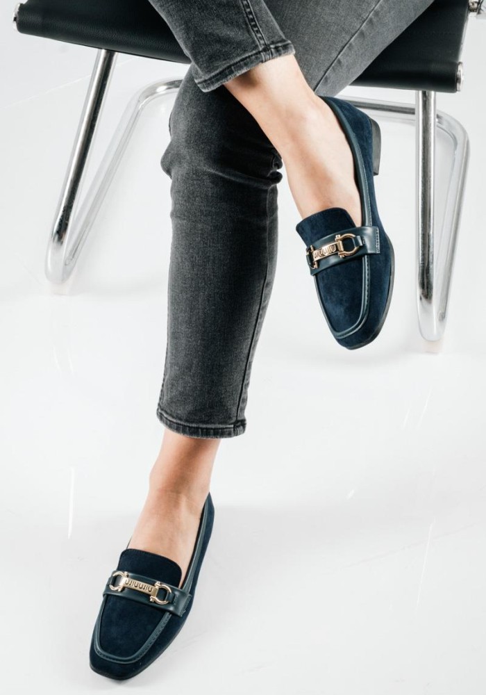 Suede Loafers με δερμάτινη φάσα και χρυσή αγκράφα ΜΠΛΕ