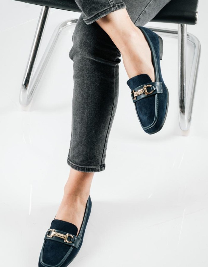 Suede Loafers με δερμάτινη φάσα και χρυσή αγκράφα ΜΠΛΕ