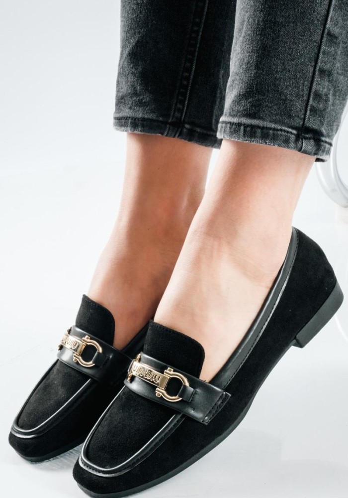 Suede Loafers με δερμάτινη φάσα και χρυσή αγκράφα ΜΑΥΡΟ
