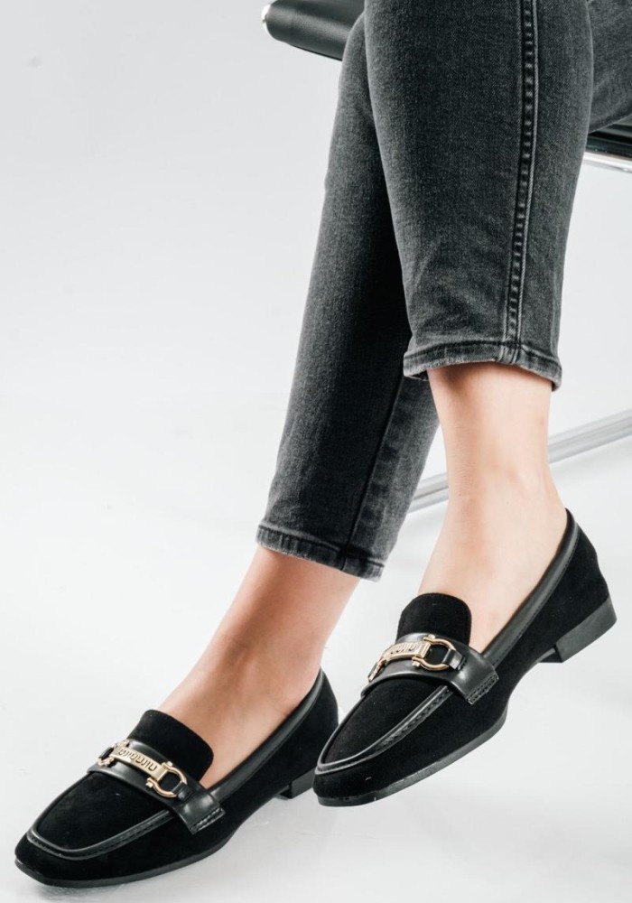 Suede Loafers με δερμάτινη φάσα και χρυσή αγκράφα ΜΑΥΡΟ