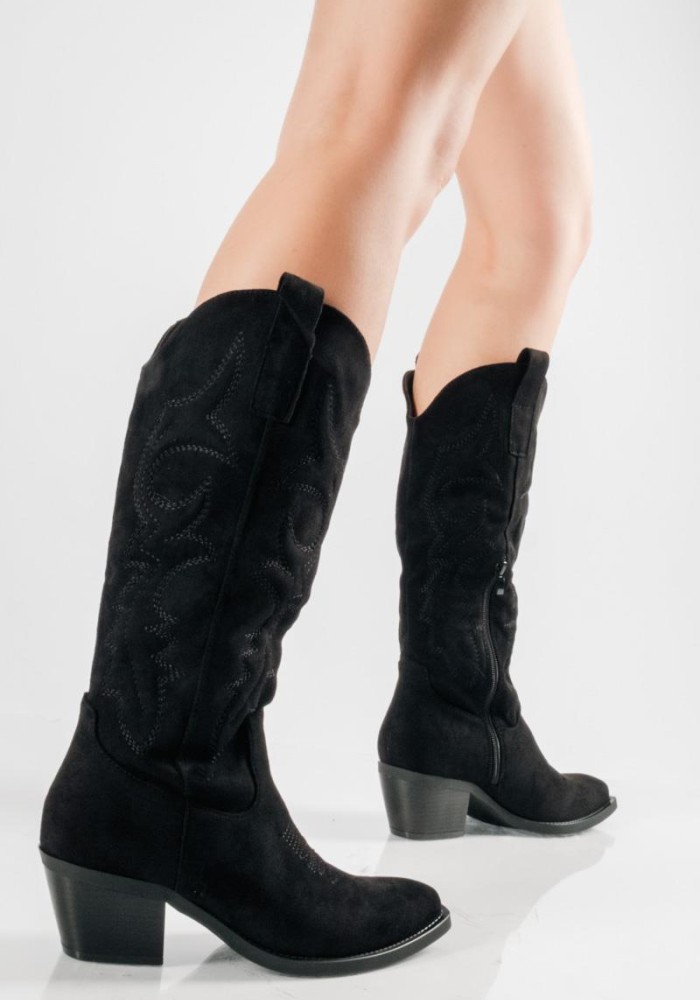 Cowboy boots από suede ύφασμα και εξωτερικές ραφές ΜΑΥΡΟ