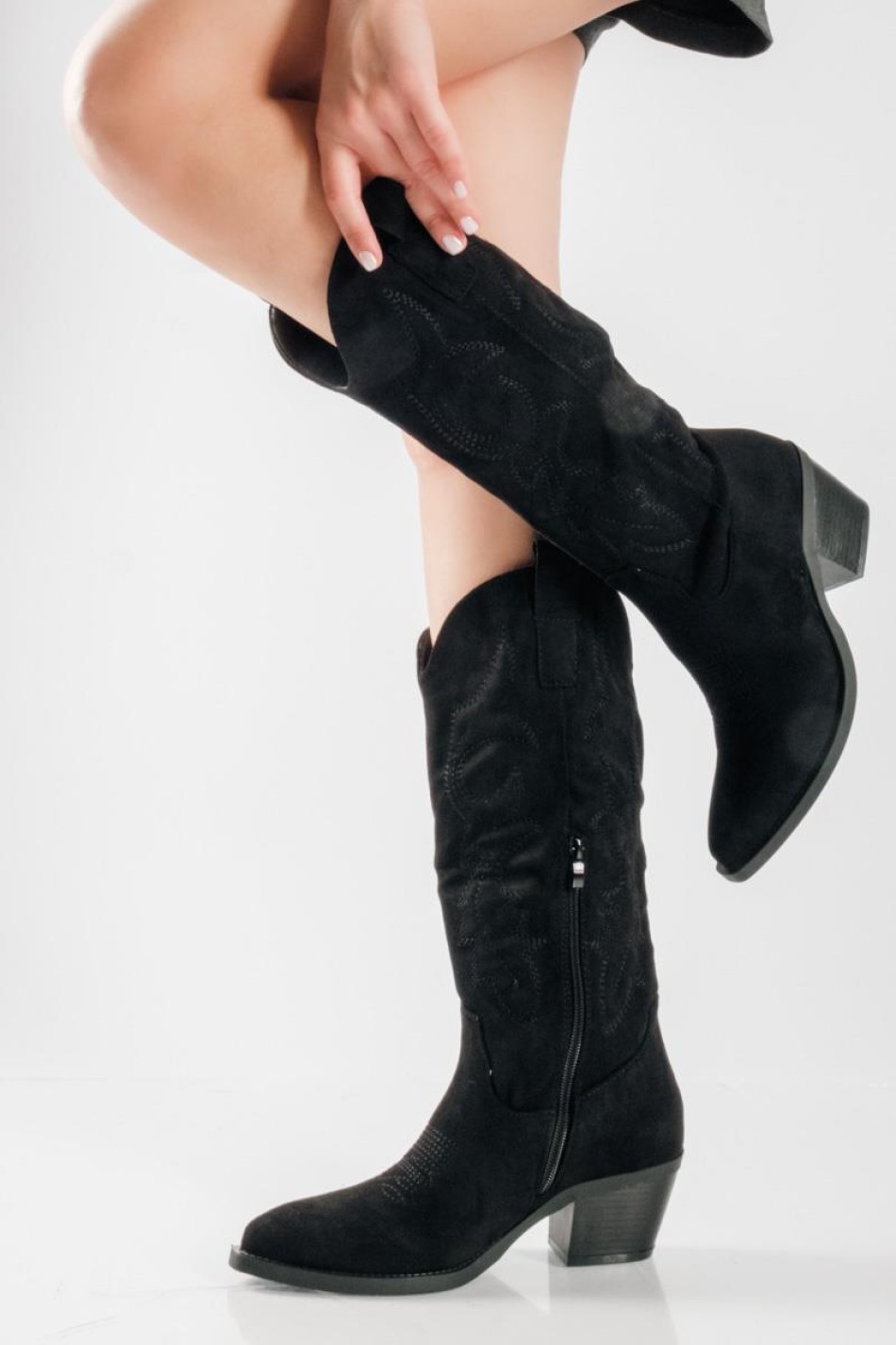 Cowboy boots από suede ύφασμα και εξωτερικές ραφές ΜΑΥΡΟ Cowboy boots από suede ύφασμα και εξωτερικές ραφές ΜΑΥΡΟ