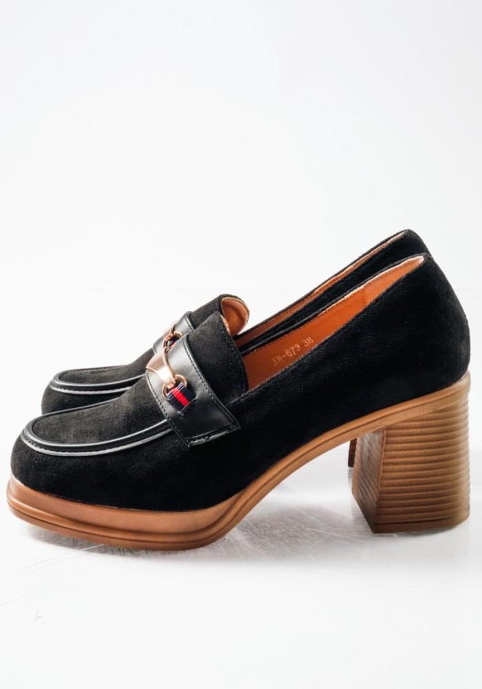 Suede loafers με χοντρό τακούνι ξύλινης όψης και μεταλλική αγκράφα ΜΑΥΡΟ