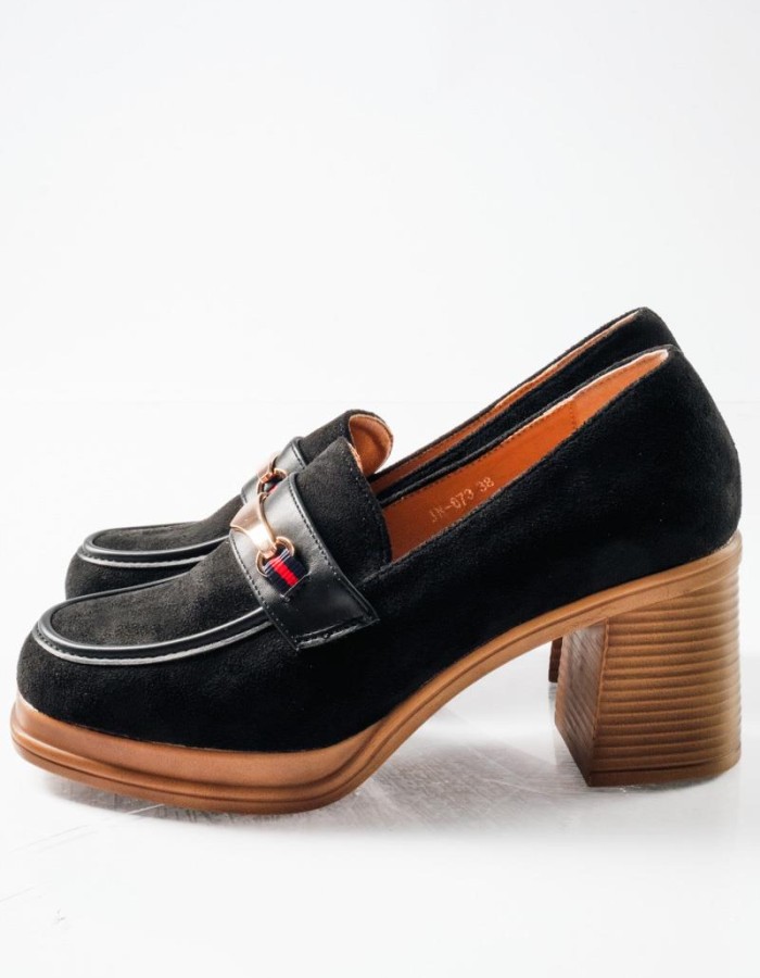 Suede loafers με χοντρό τακούνι ξύλινης όψης και μεταλλική αγκράφα ΜΑΥΡΟ