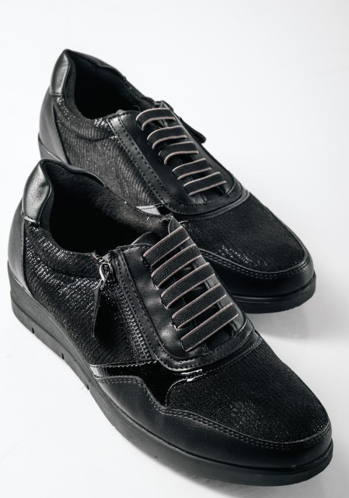 Casual sneakers με ελαστικά κορδόνια και φερμουάρ στο πλάι ΜΑΥΡΟ