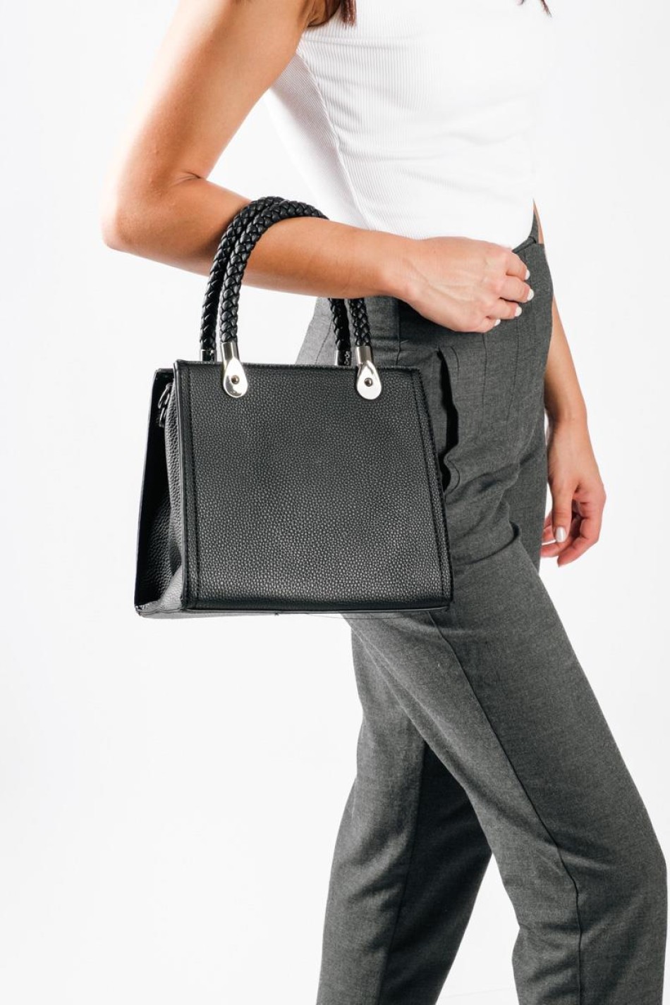 Office Look τσάντα με πλεκτά χερούλια και έξτρα χιαστί λουράκι εσωτερικά ΜΑΥΡΟ