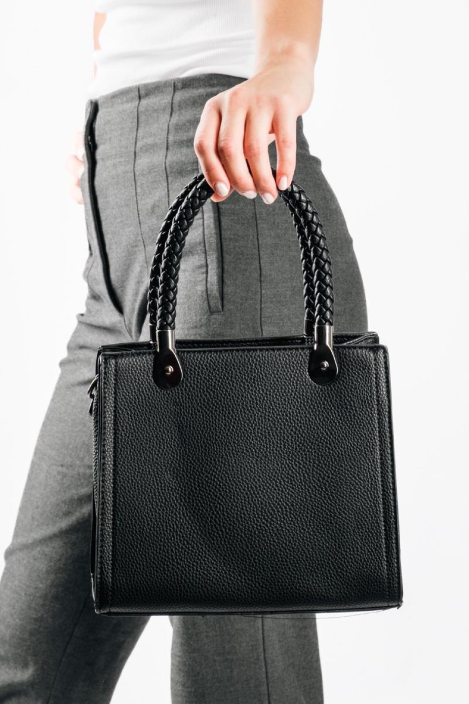 Office Look τσάντα με πλεκτά χερούλια και έξτρα χιαστί λουράκι εσωτερικά ΜΑΥΡΟ