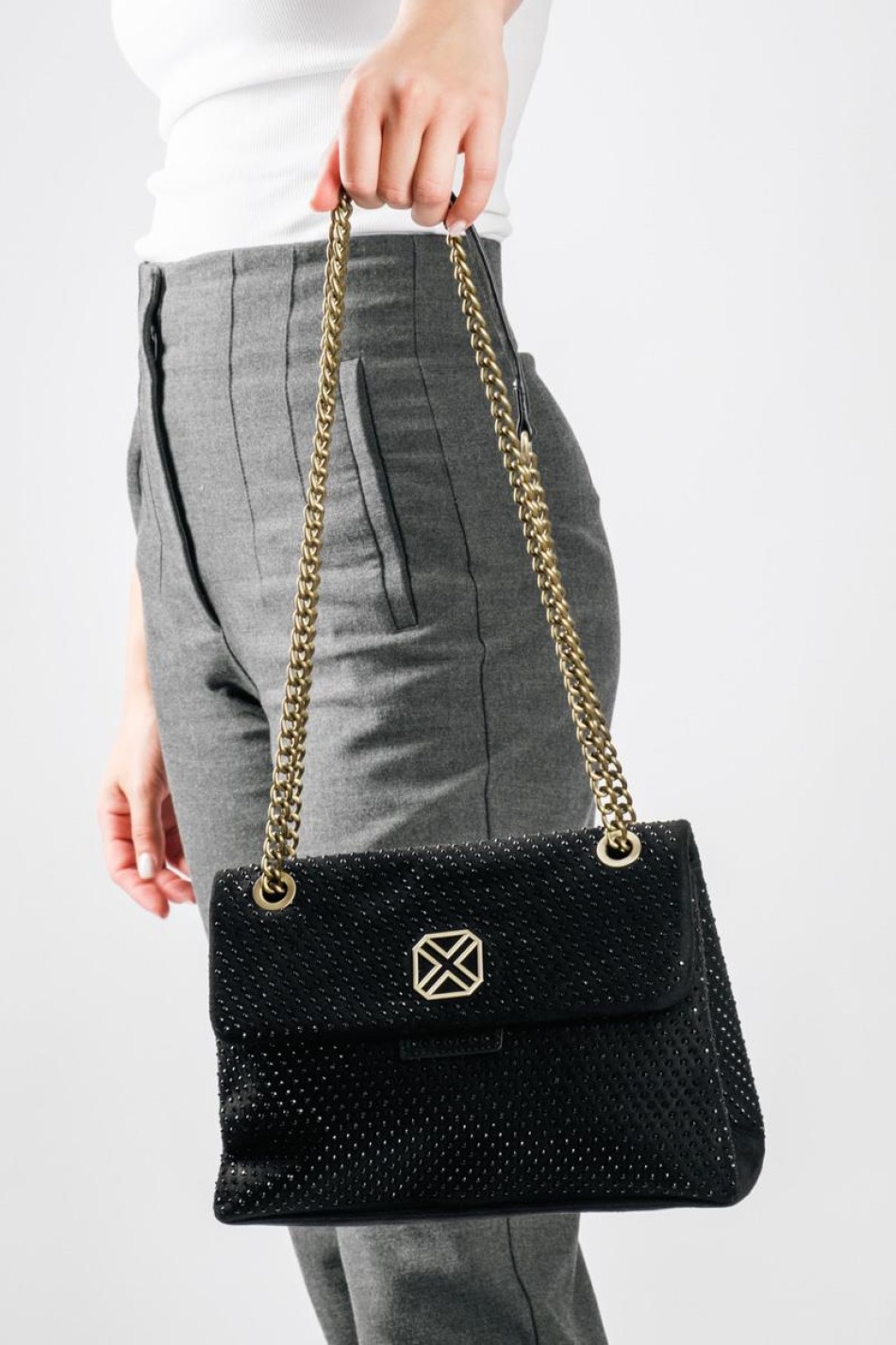XTI shoulder bag με μικρά στρας και διπλή αλυσίδα ΜΑΥΡΟ