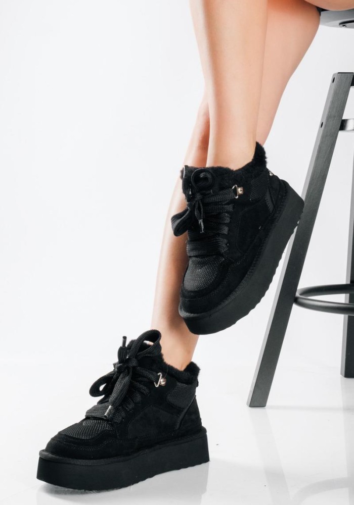 XTI sneakers suede μποτάκια με διακοσμητική γούνα στο επάνω μέρος ΜΑΥΡΟ