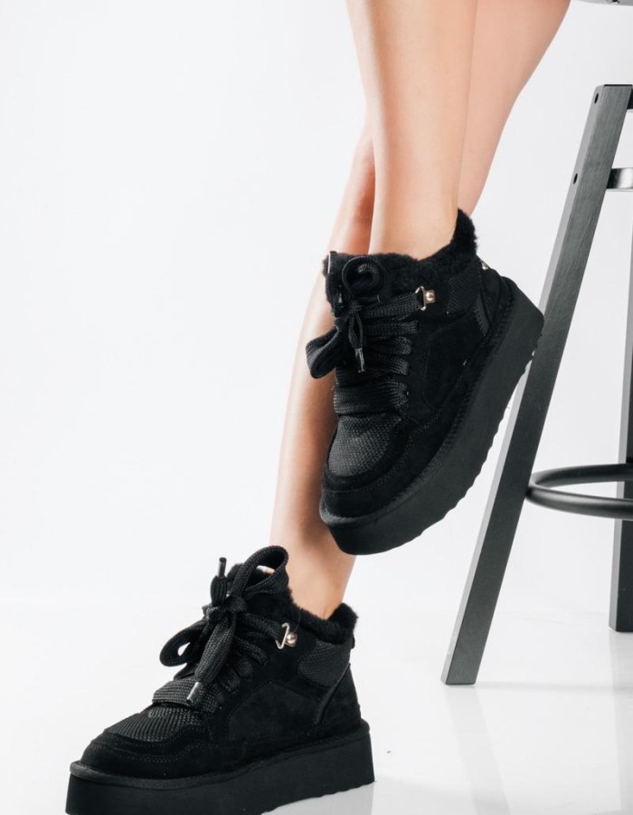 XTI sneakers suede μποτάκια με διακοσμητική γούνα στο επάνω μέρος ΜΑΥΡΟ