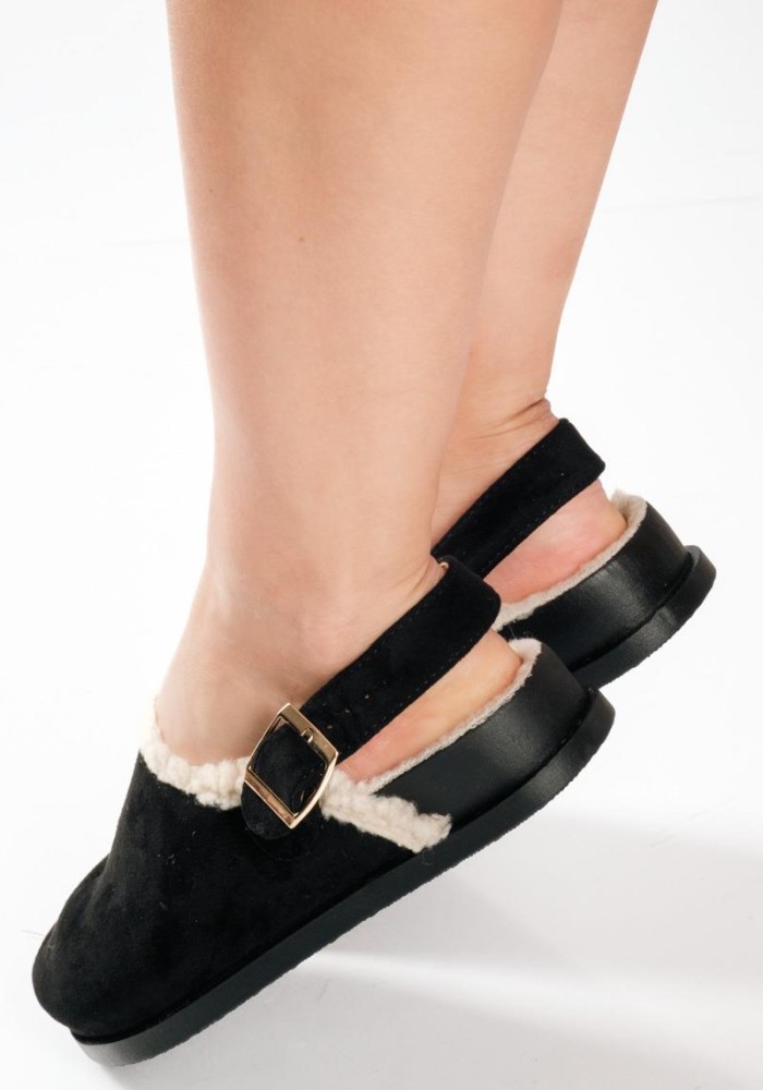 Suede clogs με εσωτερική γούνα και ρυθμιζόμενο λουράκι στο πίσω μέρος ΜΑΥΡΟ