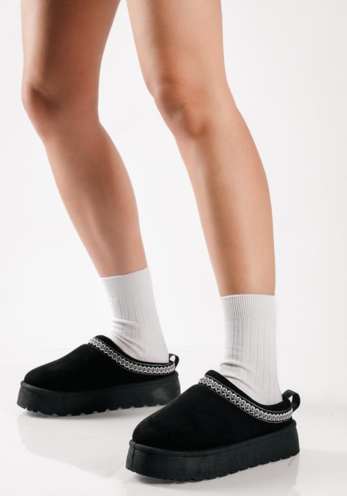 SABINO Clog suede δίσολο με εσωτερική γούνα ΜΑΥΡΟ