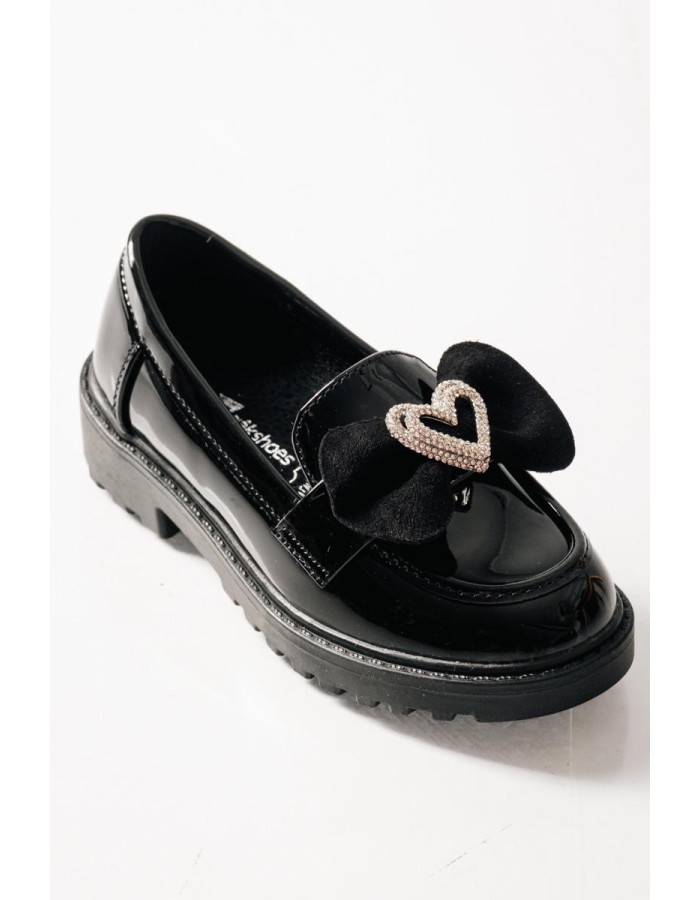 ZAK λουστρίνι loafers για κορίτσια με σουέτ φιόγκο και καρδιά με στρας ΜΑΥΡΟ
