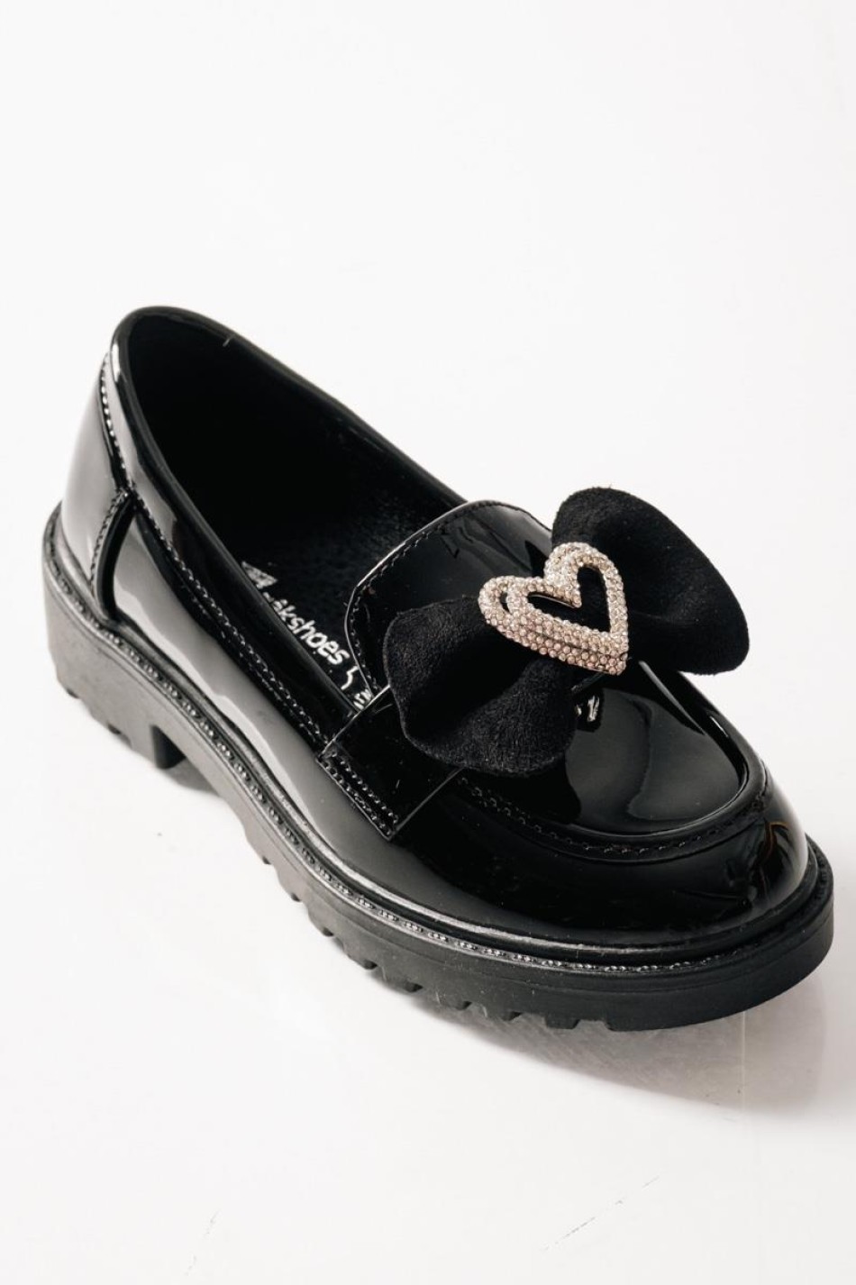 ZAK λουστρίνι loafers για κορίτσια με σουέτ φιόγκο και καρδιά με στρας ΜΑΥΡΟ
