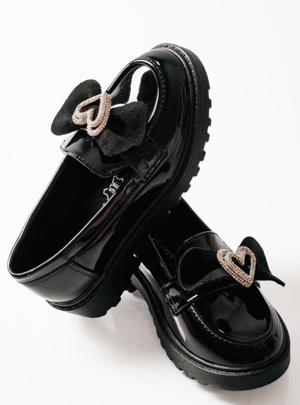 ZAK λουστρίνι loafers για κορίτσια με σουέτ φιόγκο και καρδιά με στρας ΜΑΥΡΟ