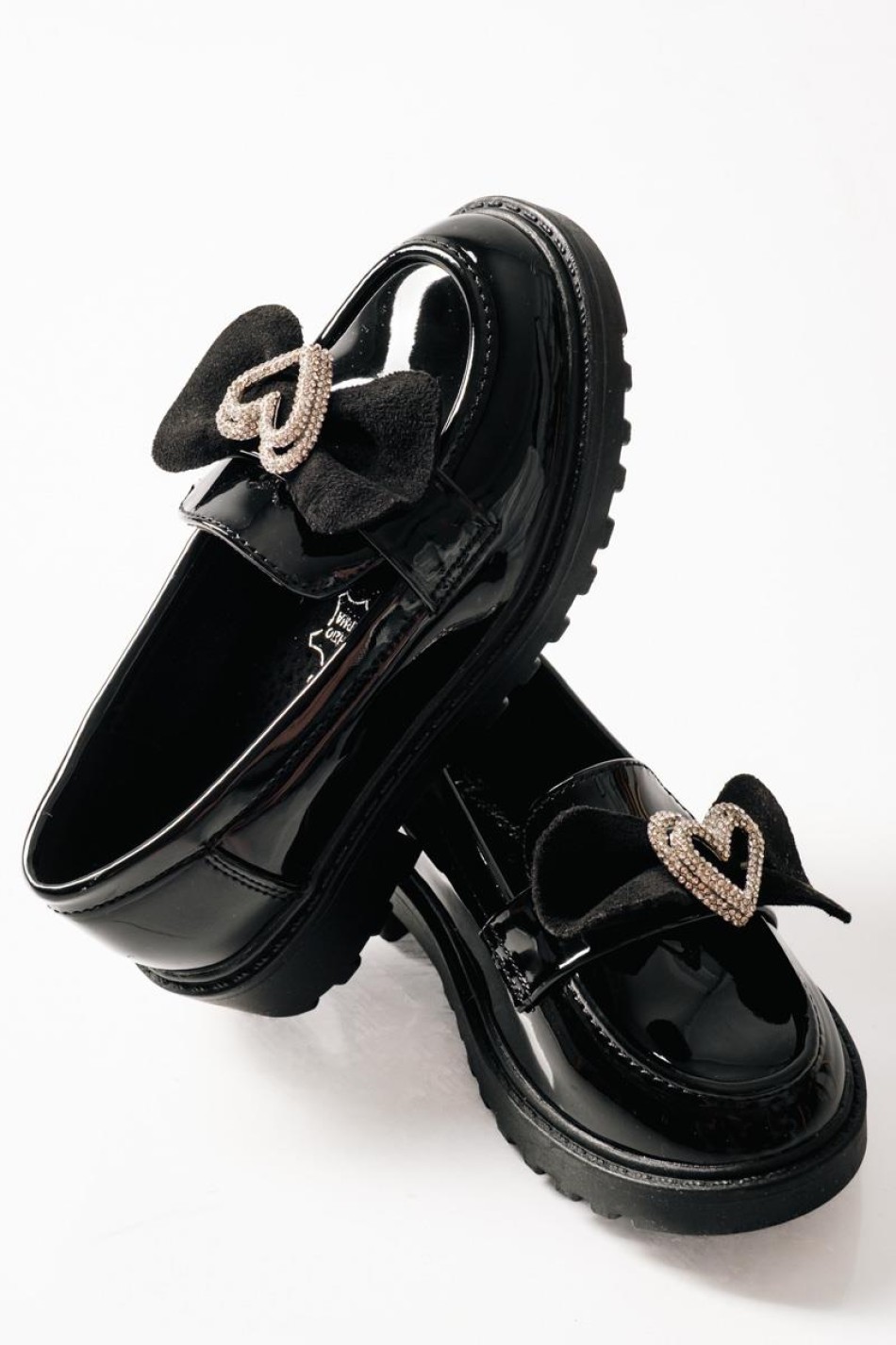 ZAK λουστρίνι loafers για κορίτσια με σουέτ φιόγκο και καρδιά με στρας ΜΑΥΡΟ