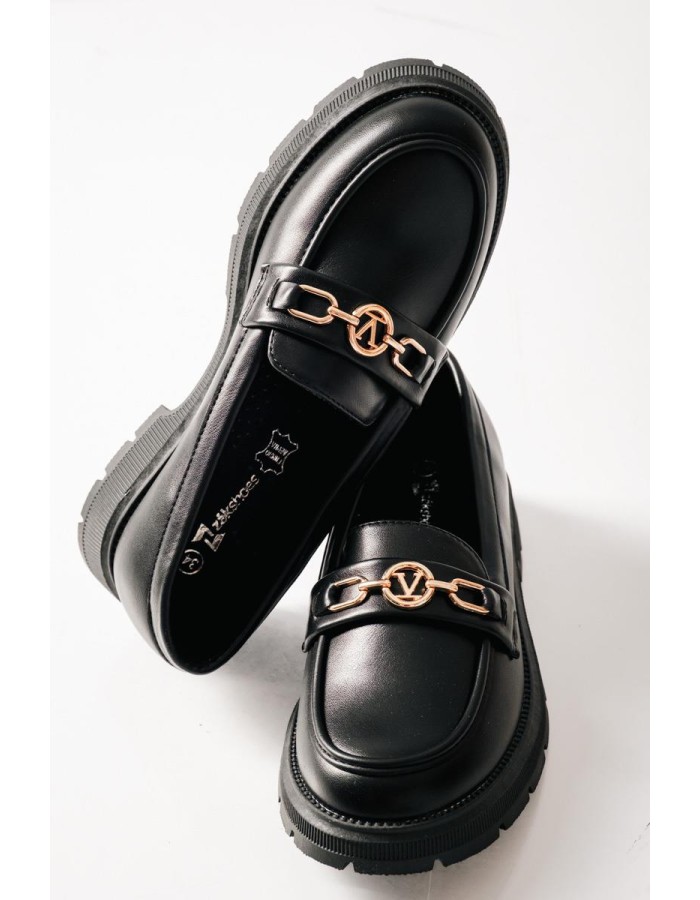 ZAK ματ loafers για κορίτσια με χρυσή αλυσίδα και τρακτερωτή σόλα ΜΑΥΡΟ