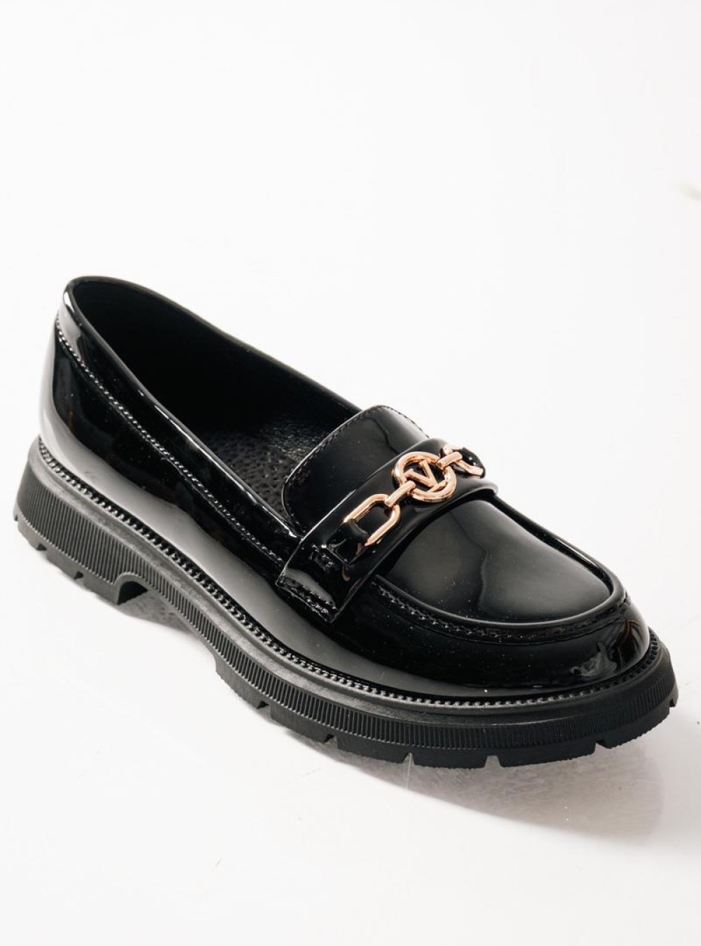 ZAK λουστρίνι loafers για κορίτσια με χρυσή αλυσίδα και τρακτερωτή σόλα ΜΑΥΡΟ