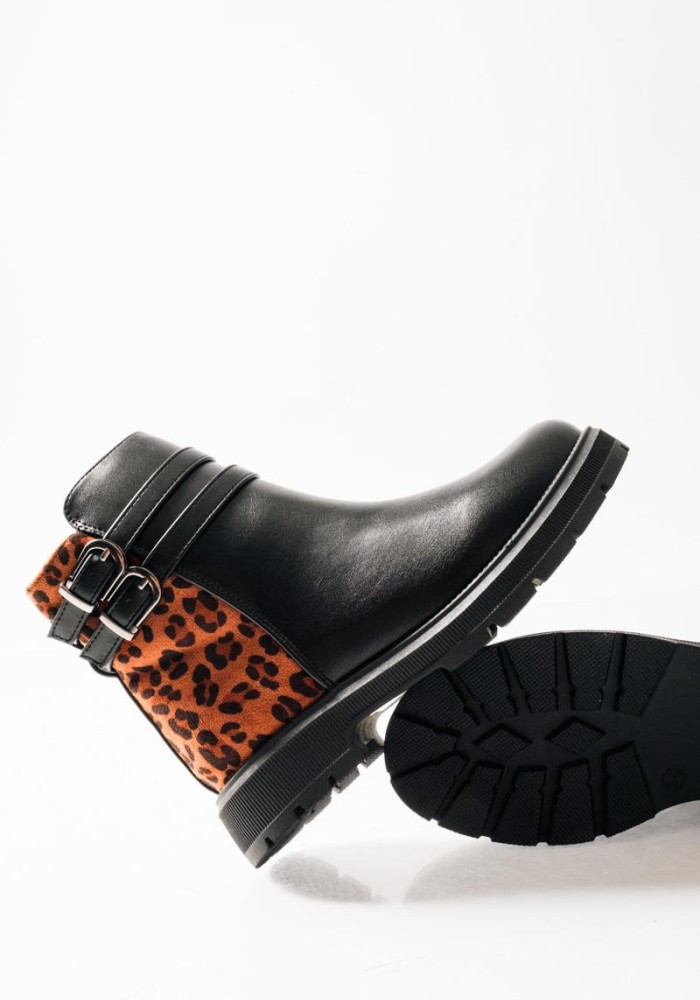 ZAK biker μποτάκια για κορίτσια με animal print και διπλό διακοσμητικό ζωνάκι  ΜΑΥΡΟ/ΛΕΟΠΑΡ