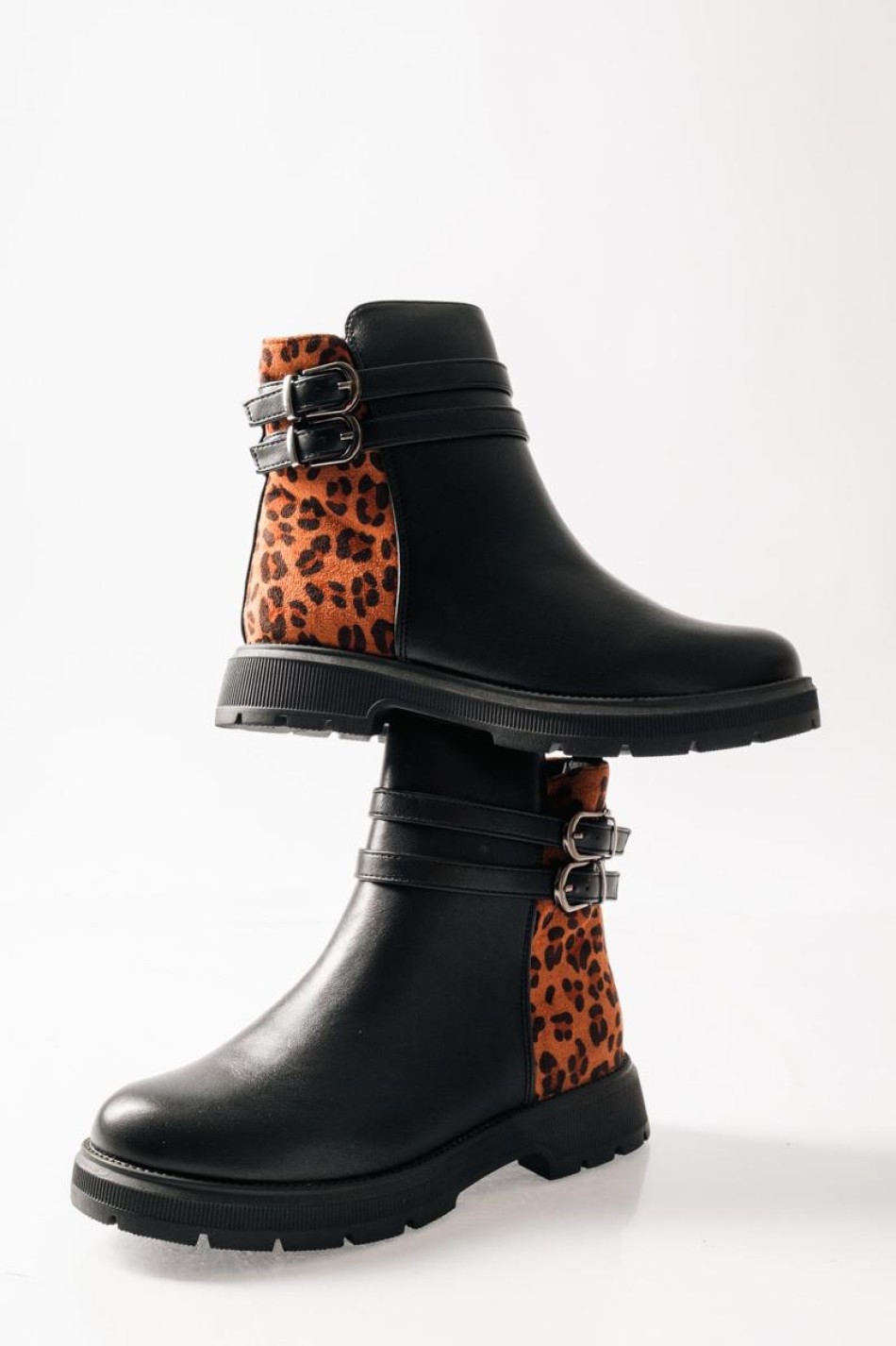 ZAK biker μποτάκια για κορίτσια με animal print και διπλό διακοσμητικό ζωνάκι  ΜΑΥΡΟ/ΛΕΟΠΑΡ