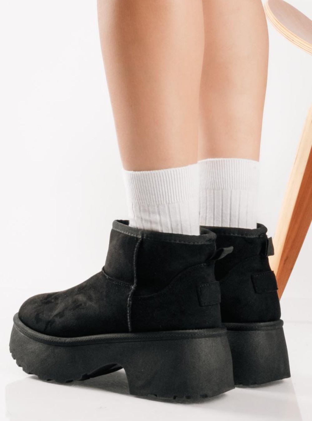 Chunky suede μποτάκια με γούνα και ιδιαίτερο τακούνι ΜΑΥΡΟ