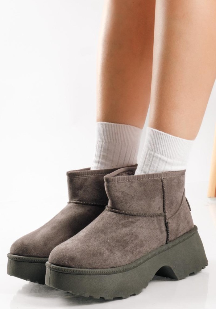 Chunky suede μποτάκια με γούνα και ιδιαίτερο τακούνι ΓΚΡΙ