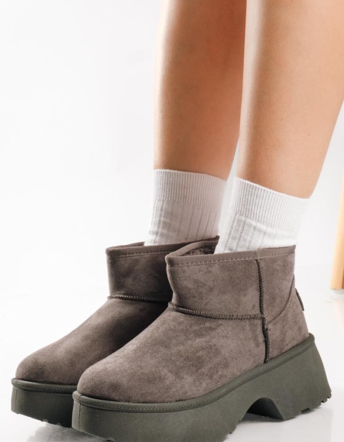 Chunky suede μποτάκια με γούνα και ιδιαίτερο τακούνι ΓΚΡΙ