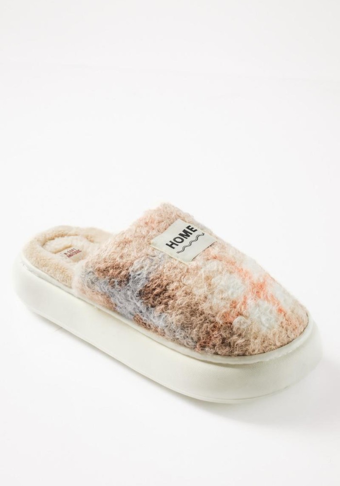 B-SOFT fluffy παντόφλες με καρώ σχέδιο και γούνα εσωτερικά ΠΟΥΡΟ