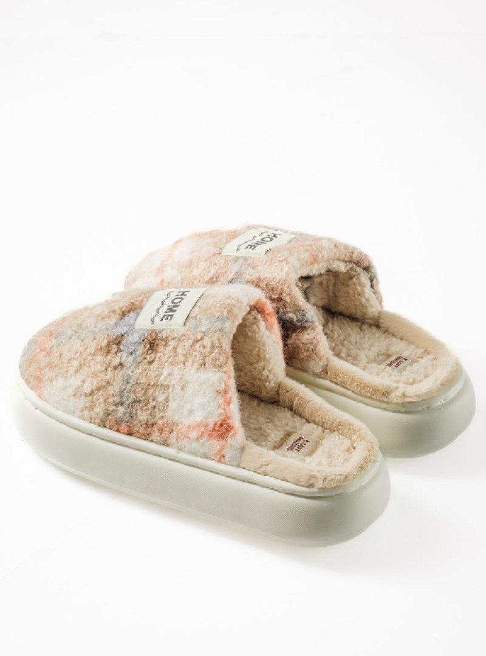 B-SOFT fluffy παντόφλες με καρώ σχέδιο και γούνα εσωτερικά ΠΟΥΡΟ
