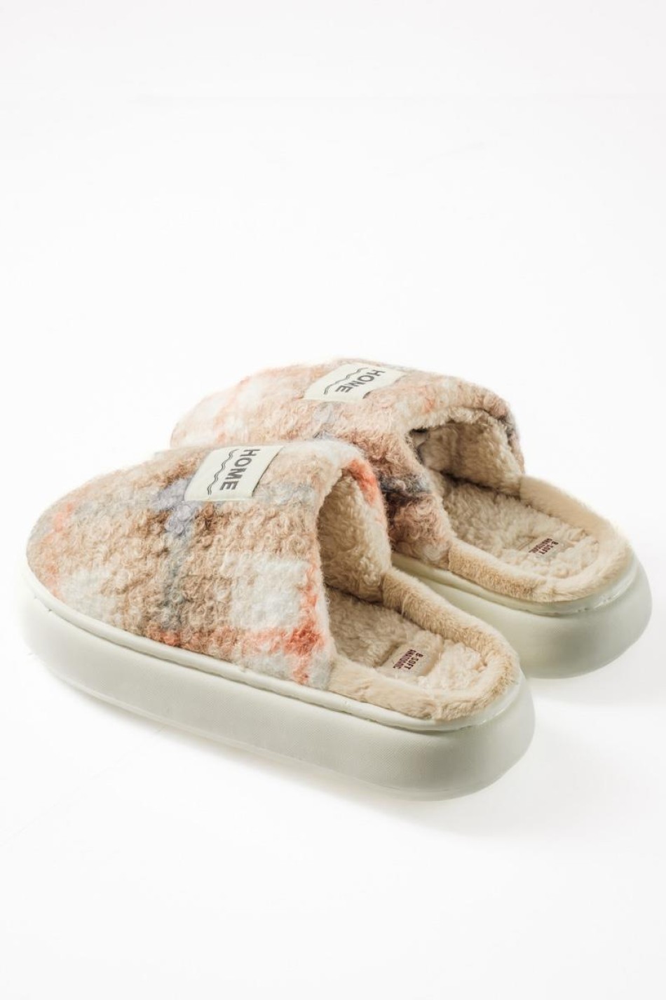 B-SOFT fluffy παντόφλες με καρώ σχέδιο και γούνα εσωτερικά ΠΟΥΡΟ