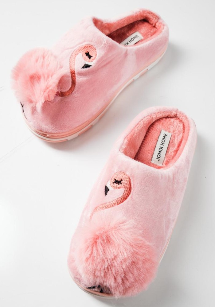 Γυναικείες χειμερινές παντόφλες με σχέδιο flamingo και pom pom ΡΟΖ