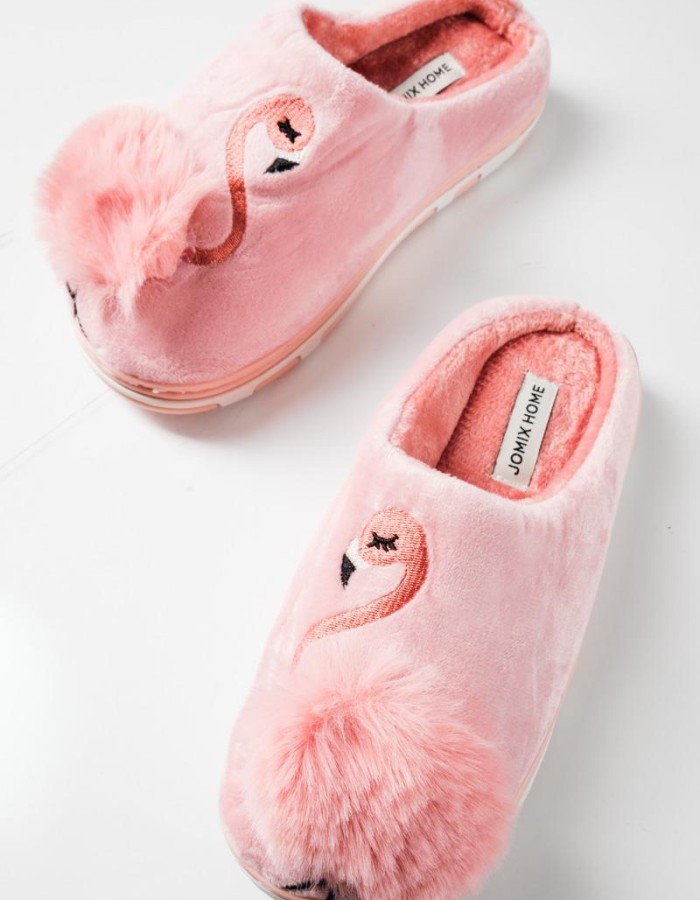 Γυναικείες χειμερινές παντόφλες με σχέδιο flamingo και pom pom ΡΟΖ
