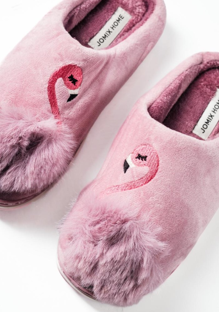 Γυναικείες χειμερινές παντόφλες με σχέδιο flamingo και pom pom ΜΩΒ