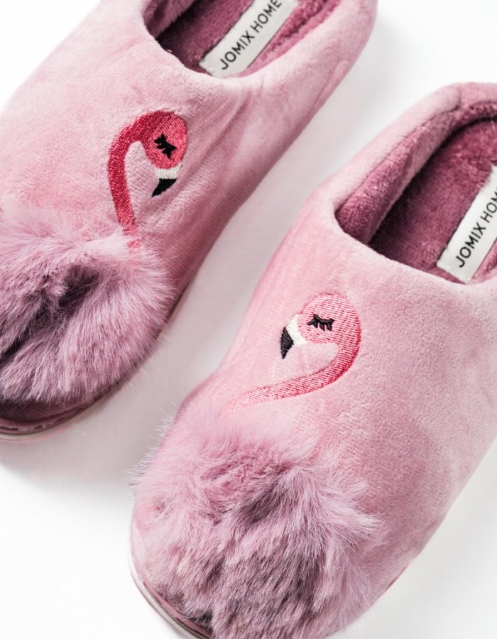 Γυναικείες χειμερινές παντόφλες με σχέδιο flamingo και pom pom ΜΩΒ