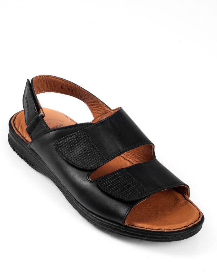 Boxer μαύρα δερμάτινα ανδρικά σανδάλια με διπλό velcro και περιμετρικό κλείσιμο