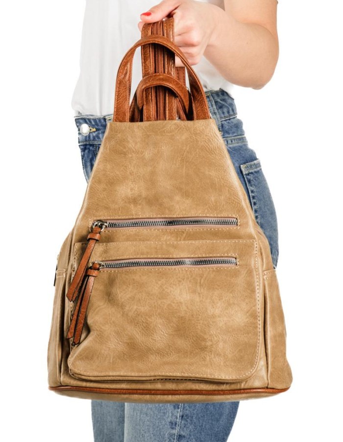 Taupe backpack με ταμπά λουράκια και φερμουάρ