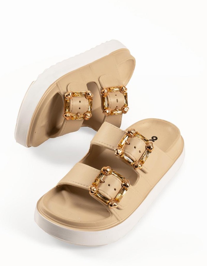 Sabino γυναικείες double sole σαγιονάρες με χρυσές τόκες σε μπεζ χρώμα